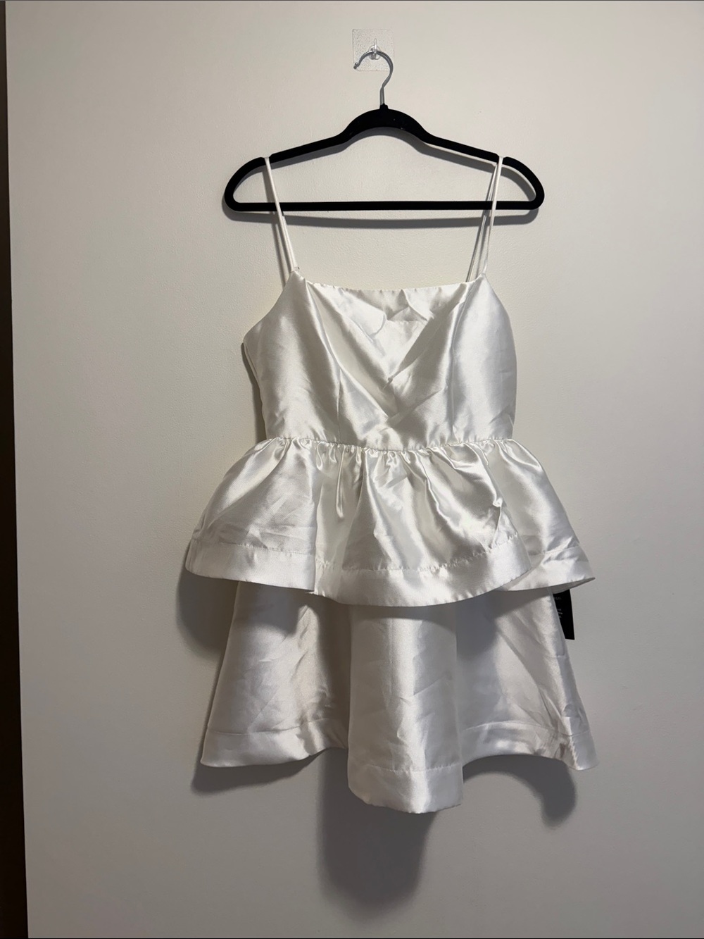 Lulu's White Satin Spaghetti-Strap Peplum Dress